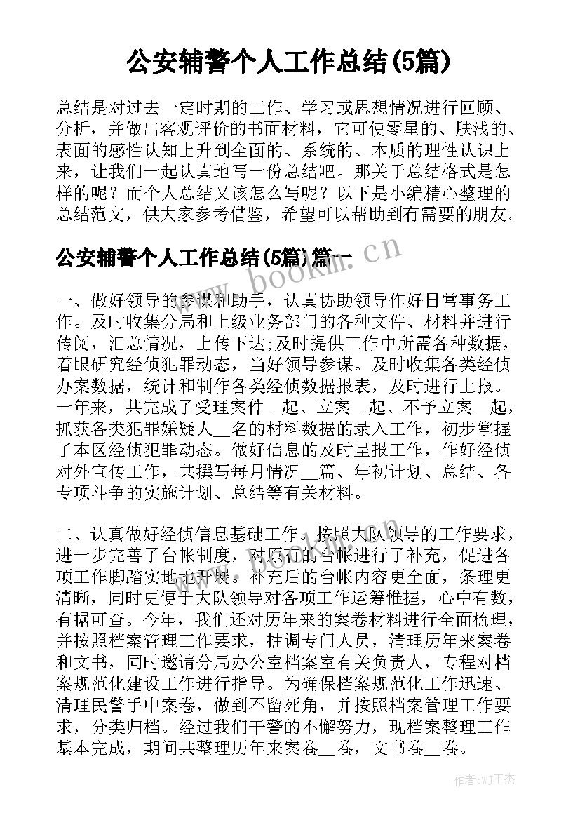 公安辅警个人工作总结(5篇)