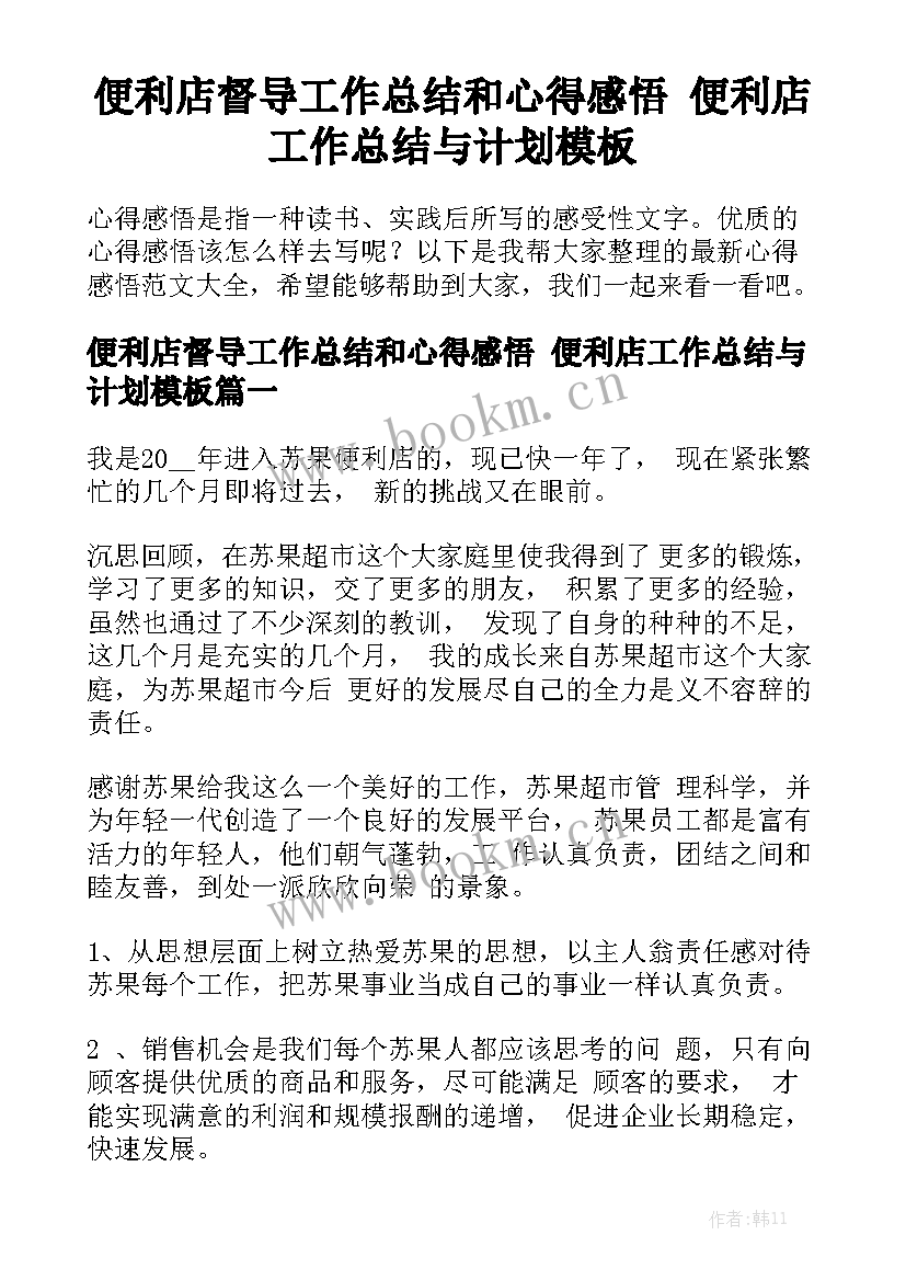 便利店督导工作总结和心得感悟 便利店工作总结与计划模板