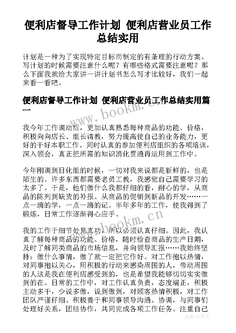 便利店督导工作计划 便利店营业员工作总结实用