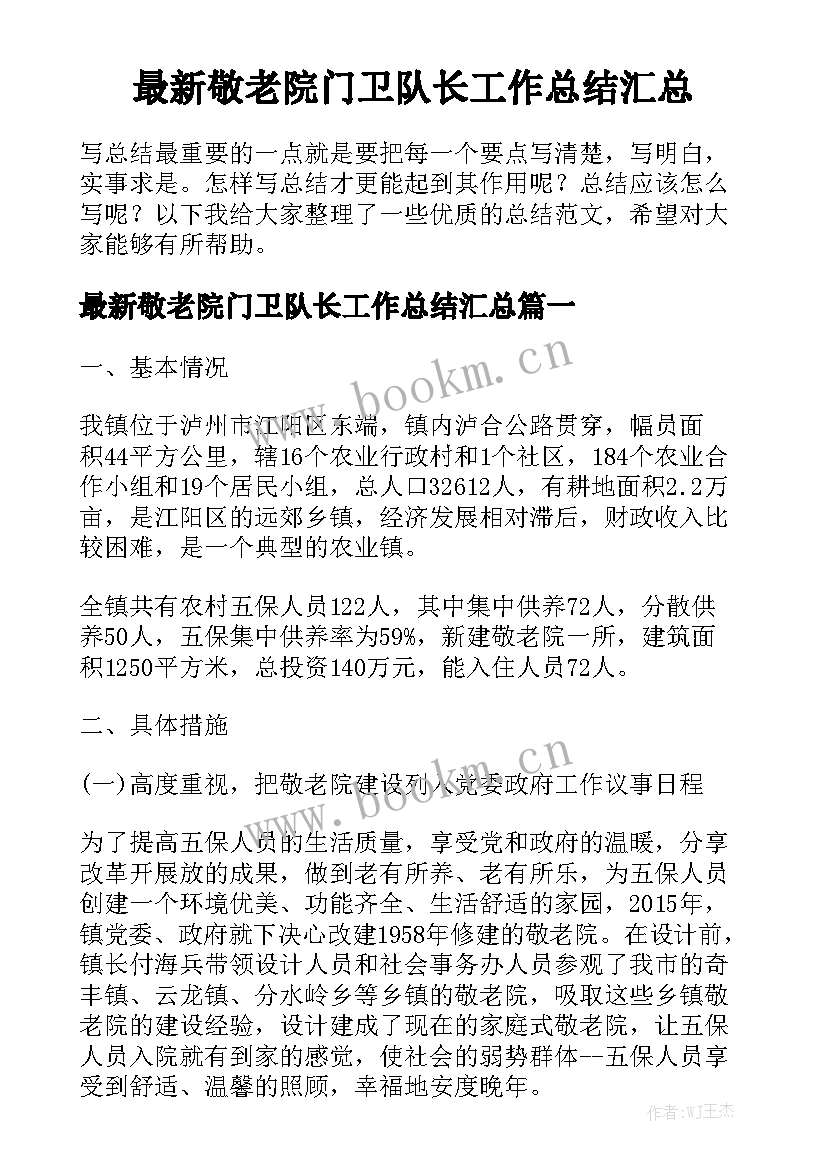 最新敬老院门卫队长工作总结汇总