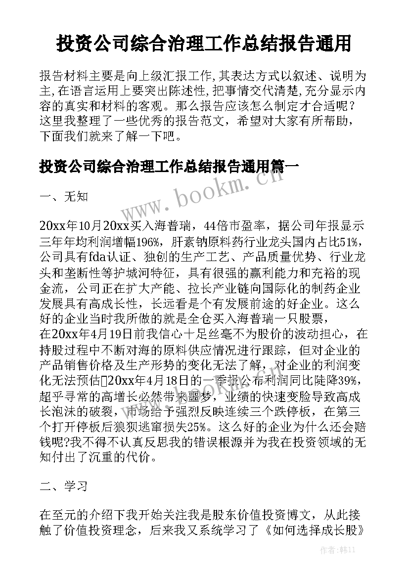 投资公司综合治理工作总结报告通用