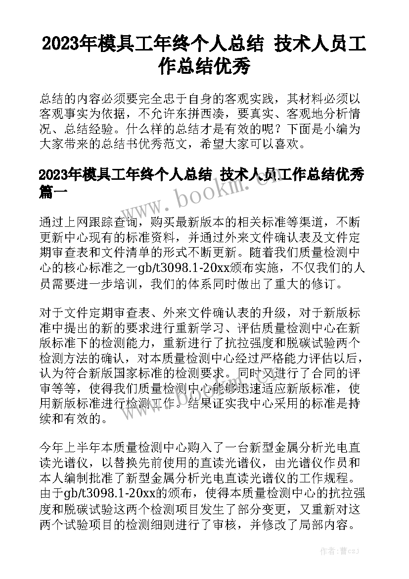 2023年模具工年终个人总结 技术人员工作总结优秀