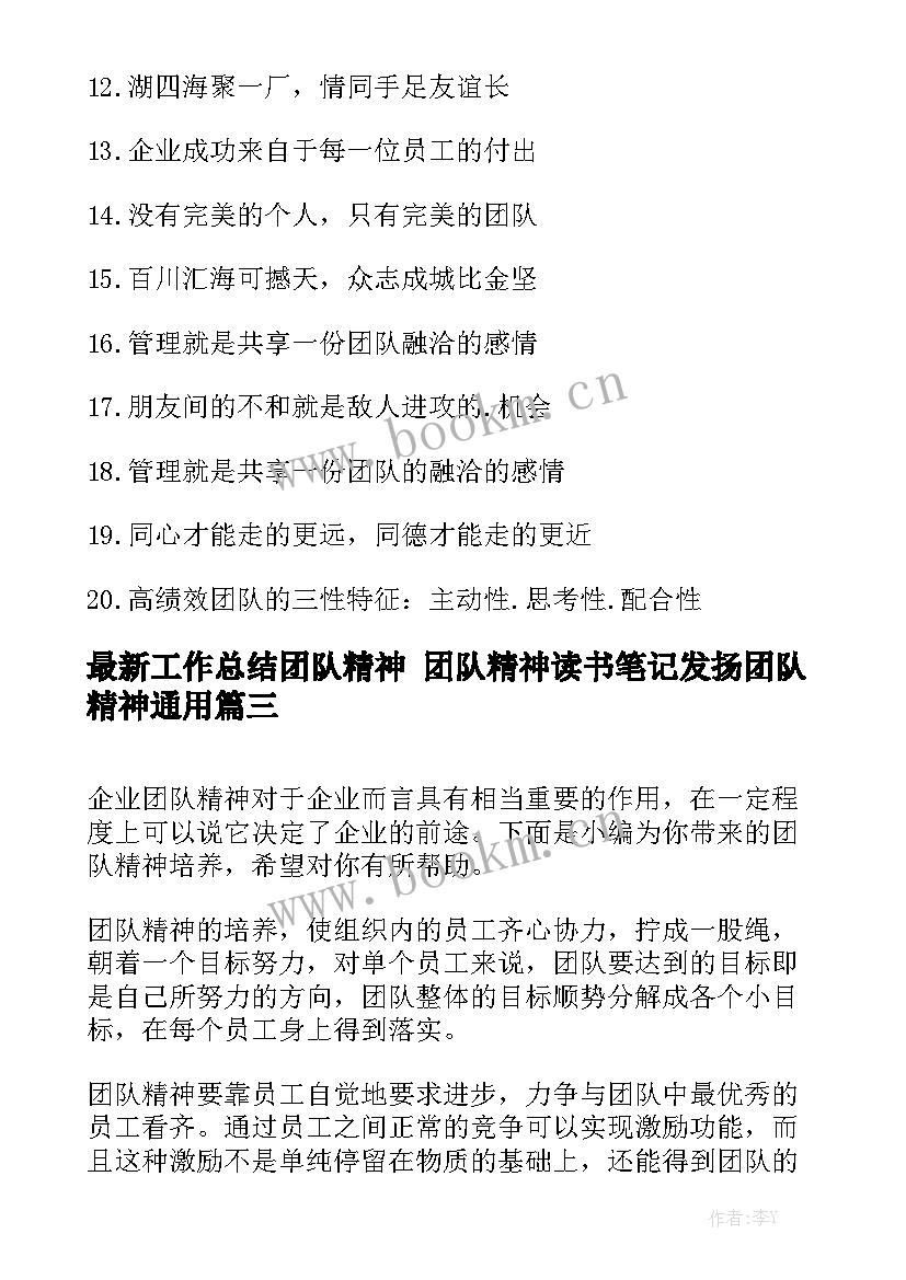 最新工作总结团队精神 团队精神读书笔记发扬团队精神通用