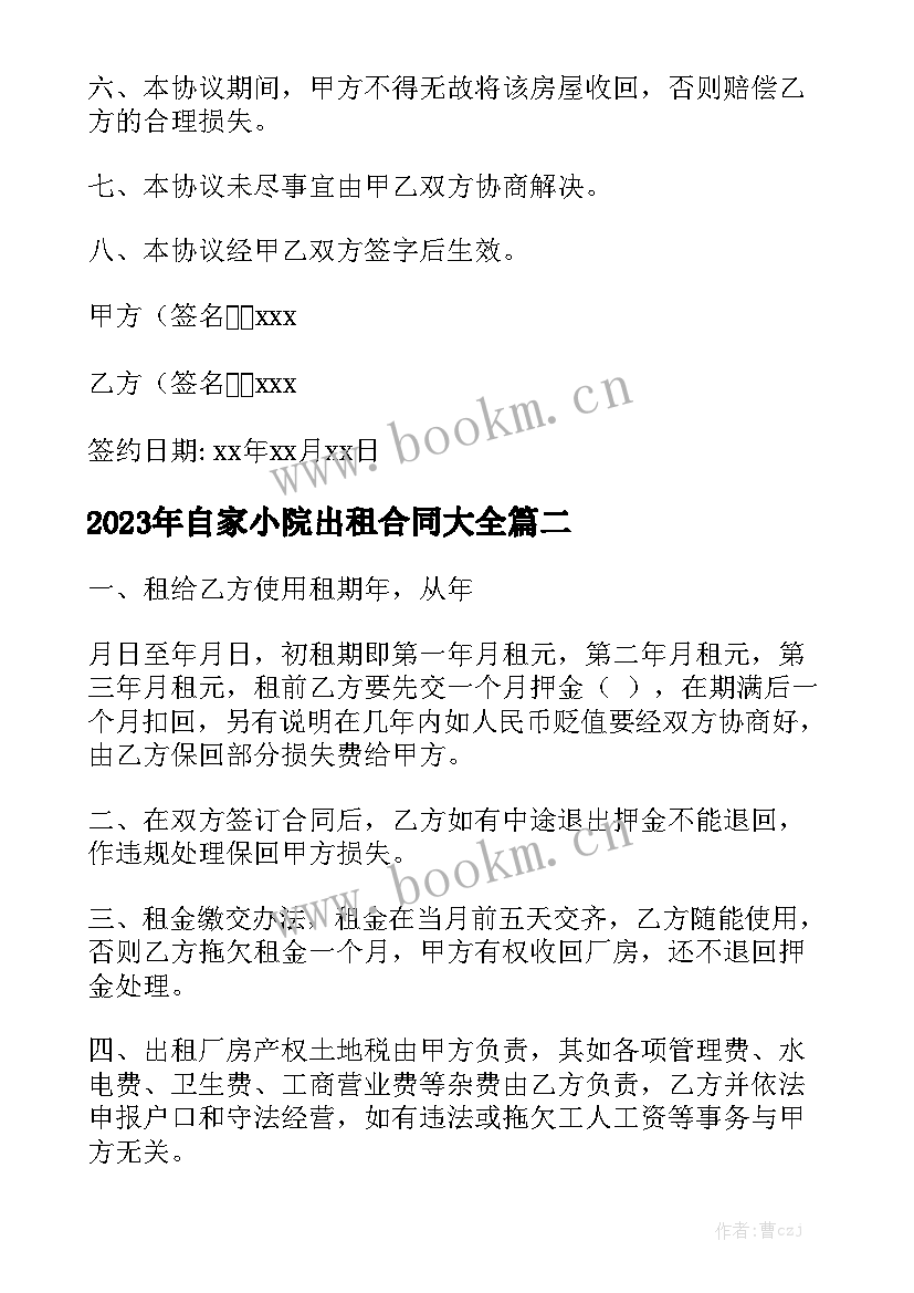 2023年自家小院出租合同大全