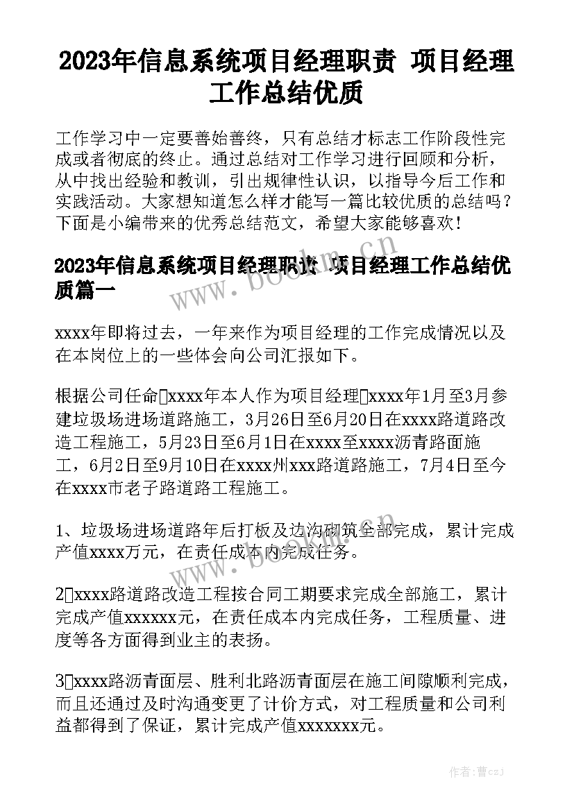 2023年信息系统项目经理职责 项目经理工作总结优质