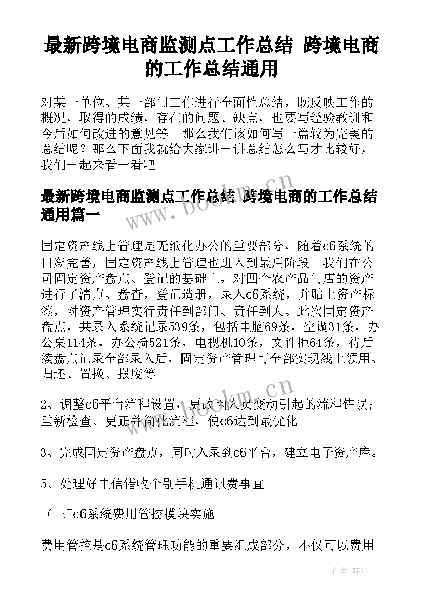 最新跨境电商监测点工作总结 跨境电商的工作总结通用