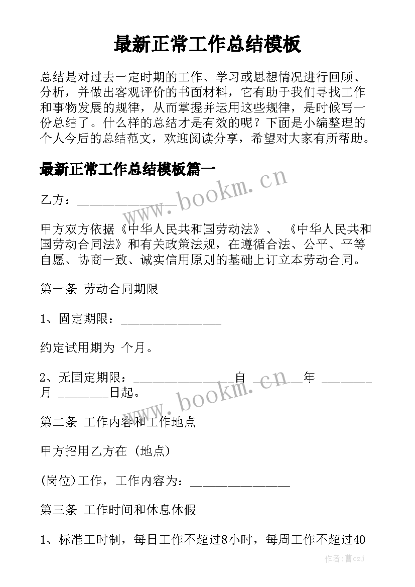 最新正常工作总结模板