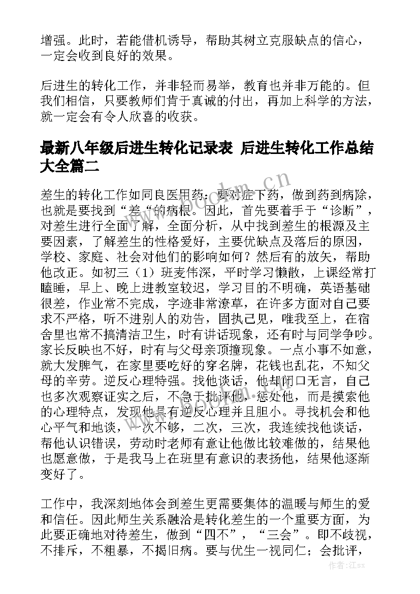 最新八年级后进生转化记录表 后进生转化工作总结大全