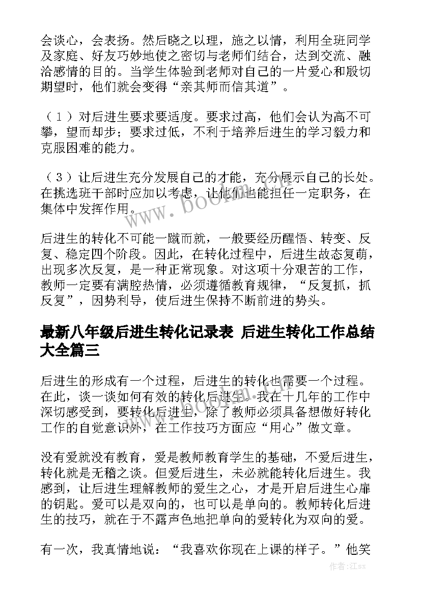 最新八年级后进生转化记录表 后进生转化工作总结大全