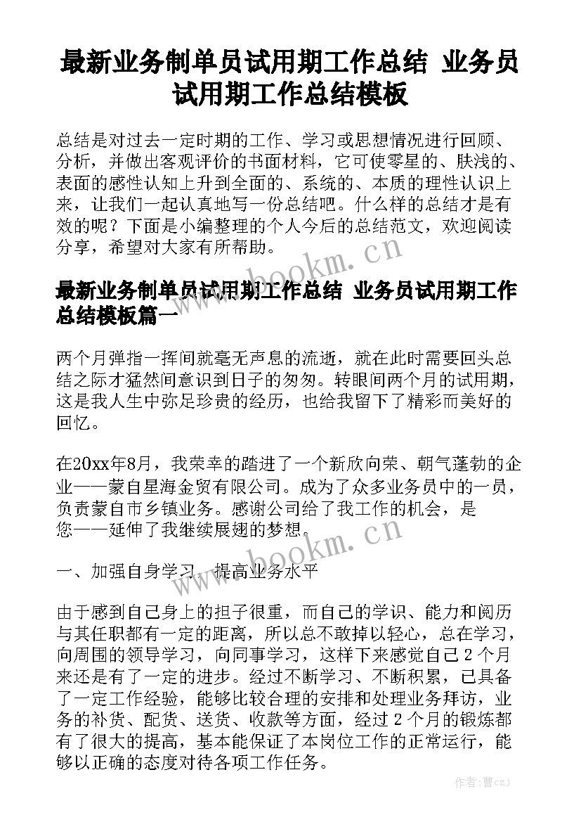 最新业务制单员试用期工作总结 业务员试用期工作总结模板