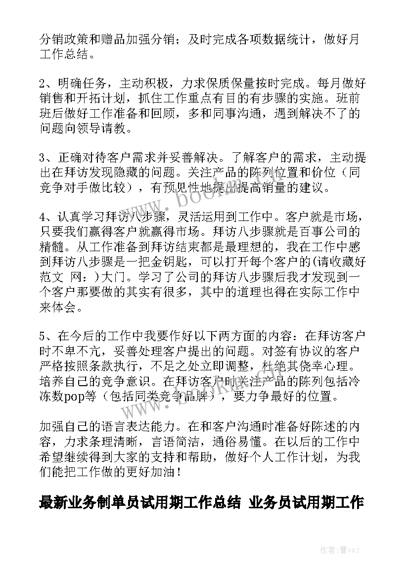 最新业务制单员试用期工作总结 业务员试用期工作总结模板