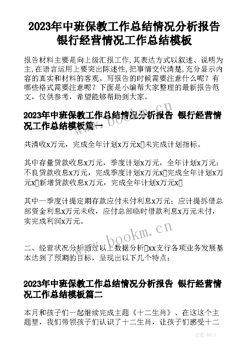 2023年中班保教工作总结情况分析报告 银行经营情况工作总结模板