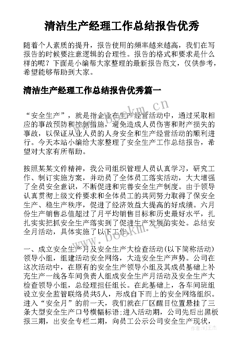 清洁生产经理工作总结报告优秀