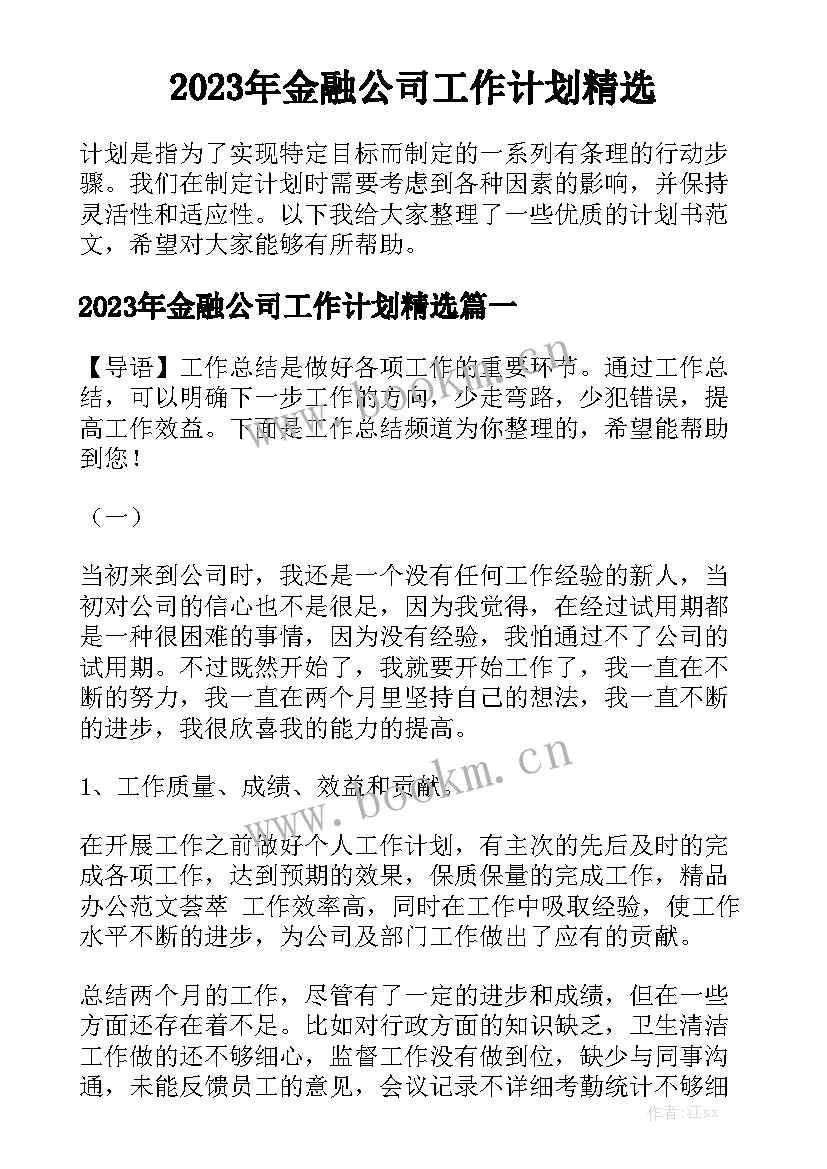 2023年金融公司工作计划精选