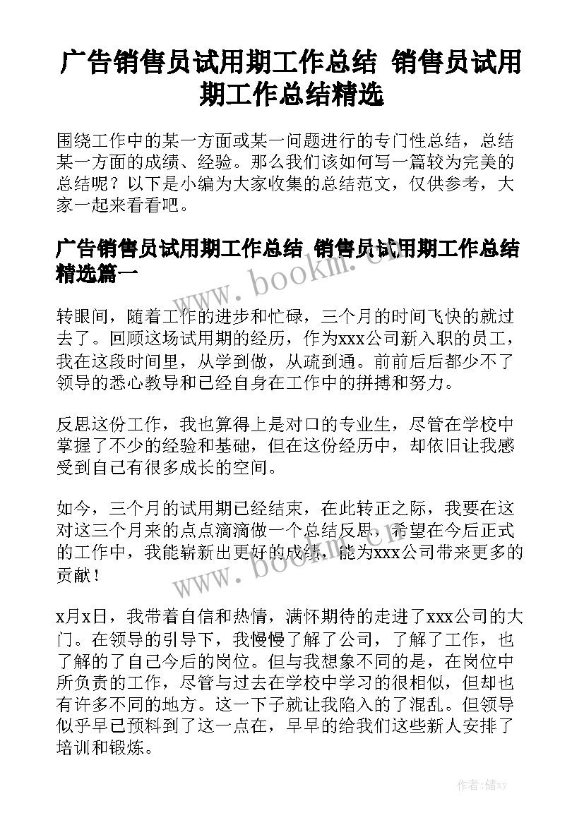 广告销售员试用期工作总结 销售员试用期工作总结精选