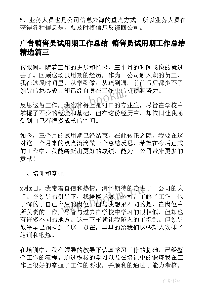 广告销售员试用期工作总结 销售员试用期工作总结精选