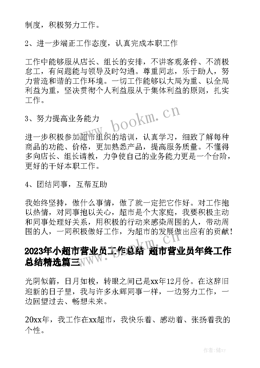 2023年小超市营业员工作总结 超市营业员年终工作总结精选