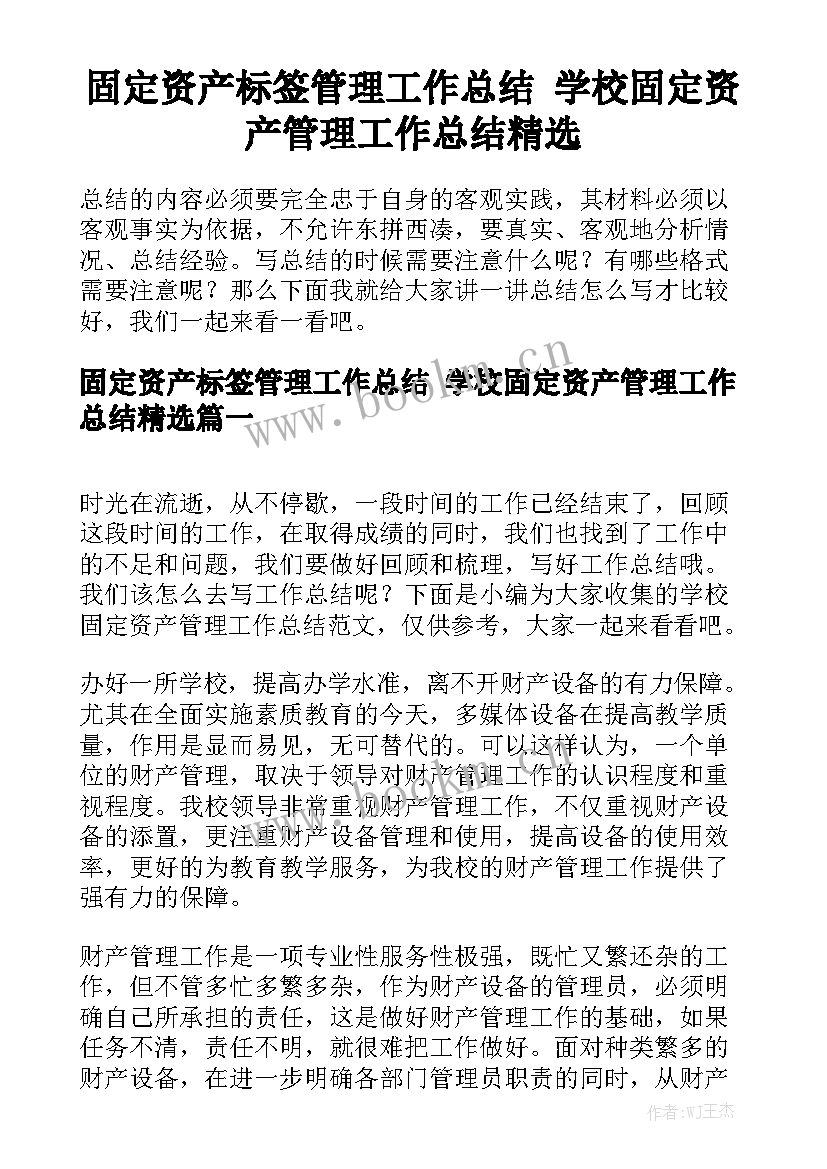 固定资产标签管理工作总结 学校固定资产管理工作总结精选