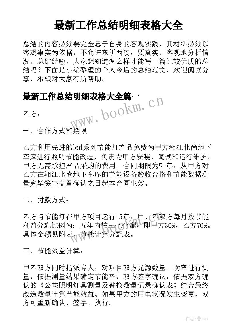 最新工作总结明细表格大全