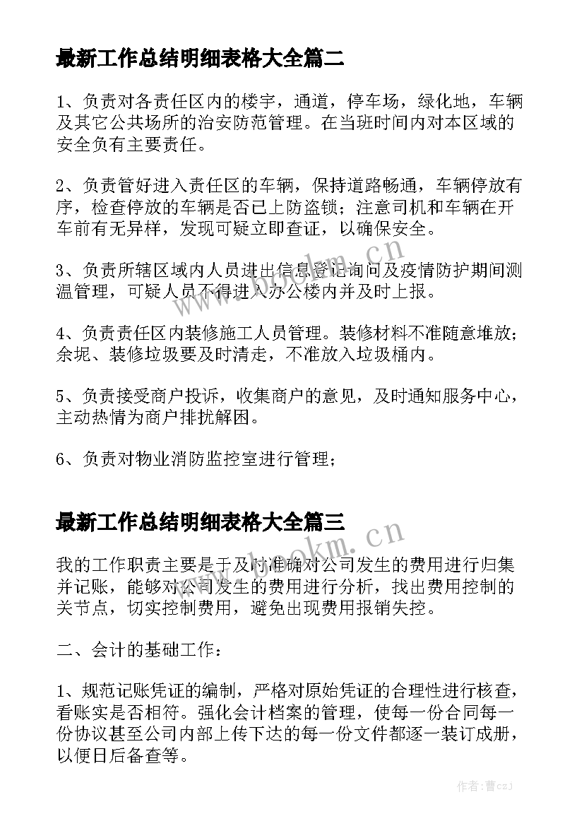 最新工作总结明细表格大全