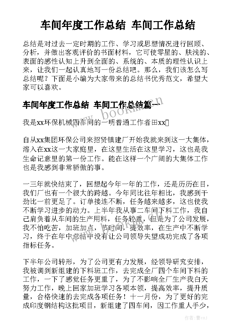 车间年度工作总结 车间工作总结