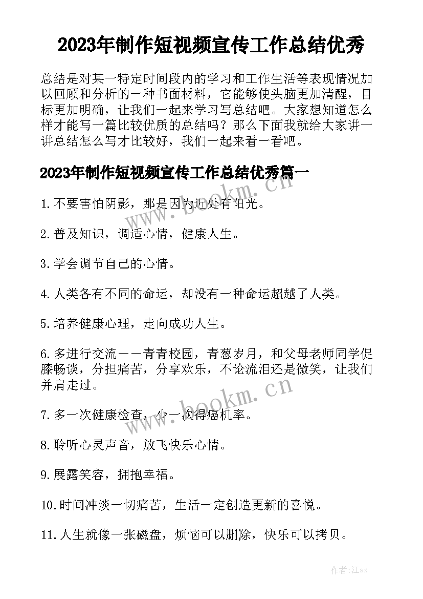 2023年制作短视频宣传工作总结优秀