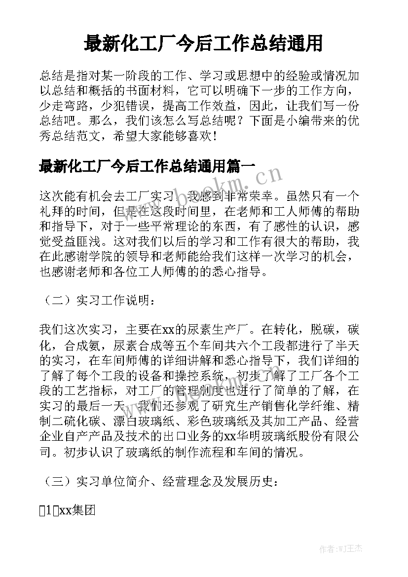 最新化工厂今后工作总结通用