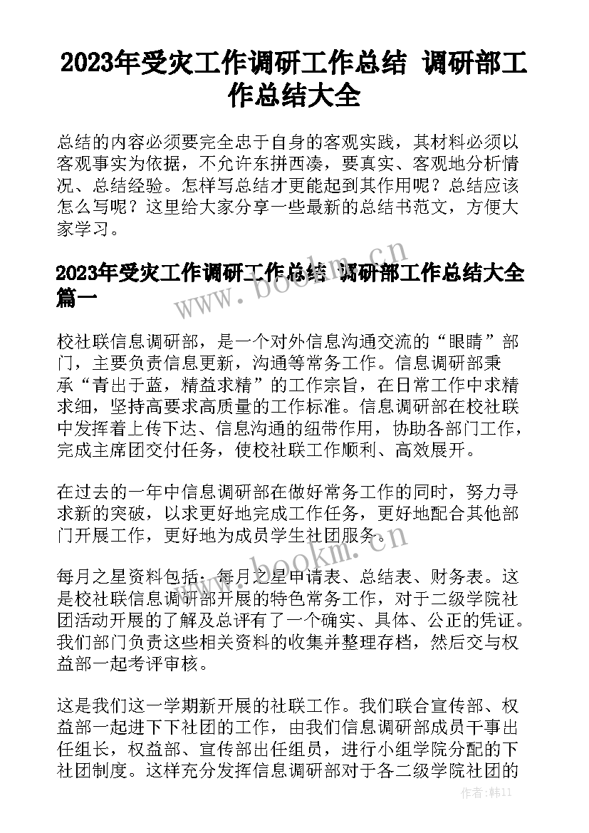 2023年受灾工作调研工作总结 调研部工作总结大全