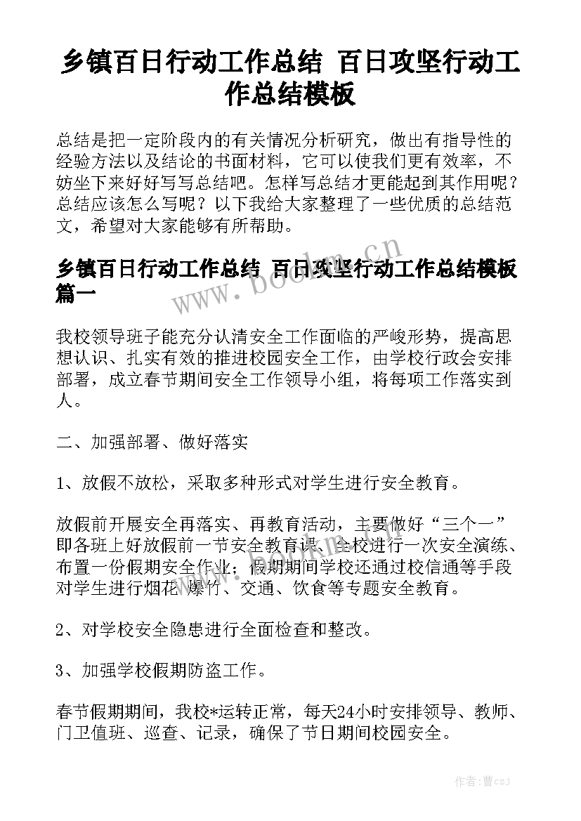 乡镇百日行动工作总结 百日攻坚行动工作总结模板