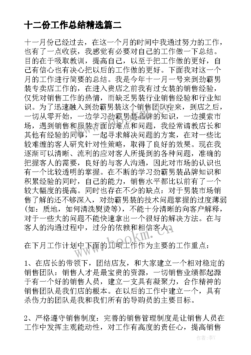 十二份工作总结精选