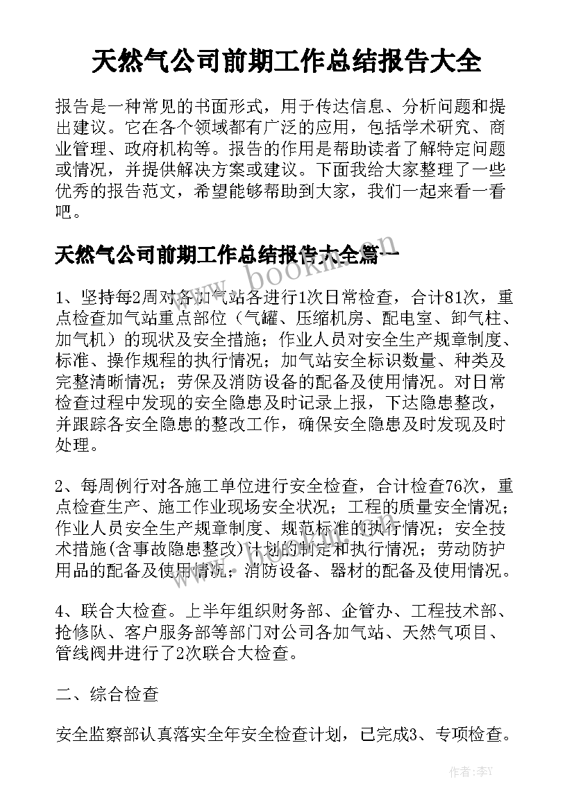 天然气公司前期工作总结报告大全