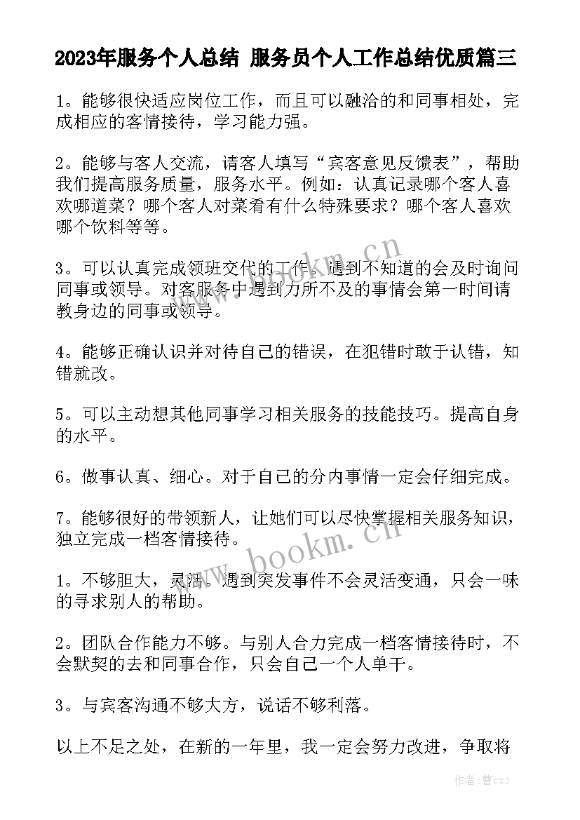 2023年服务个人总结 服务员个人工作总结优质