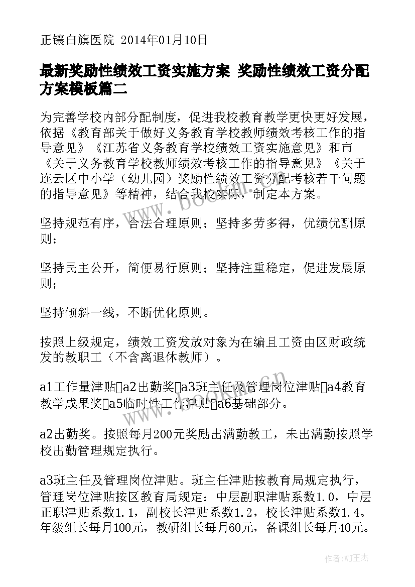 最新奖励性绩效工资实施方案 奖励性绩效工资分配方案模板