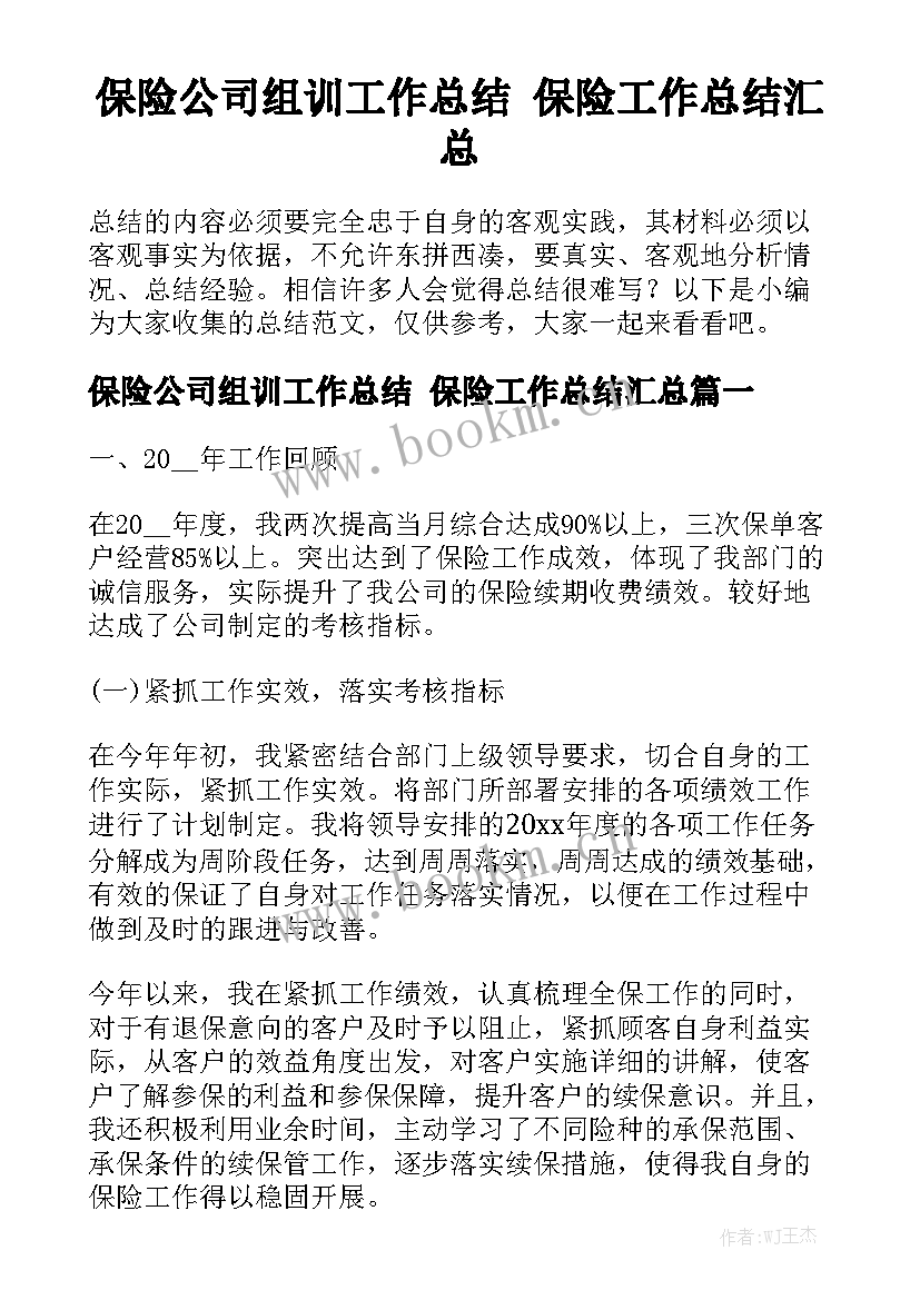 保险公司组训工作总结 保险工作总结汇总