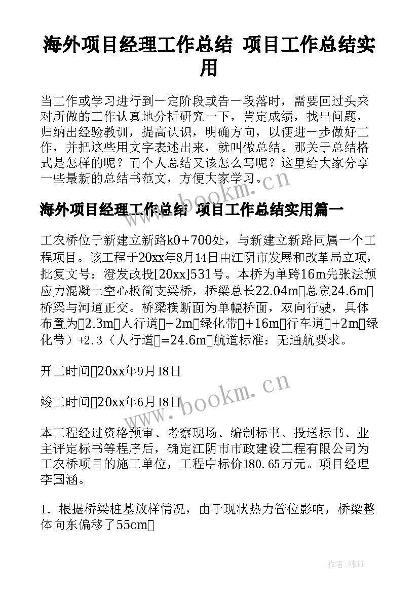 海外项目经理工作总结 项目工作总结实用