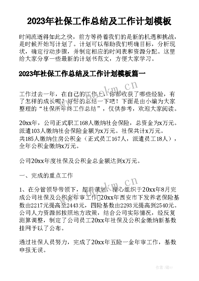 2023年社保工作总结及工作计划模板