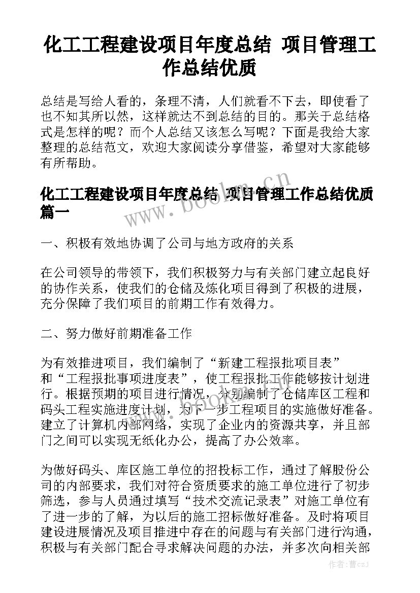 化工工程建设项目年度总结 项目管理工作总结优质