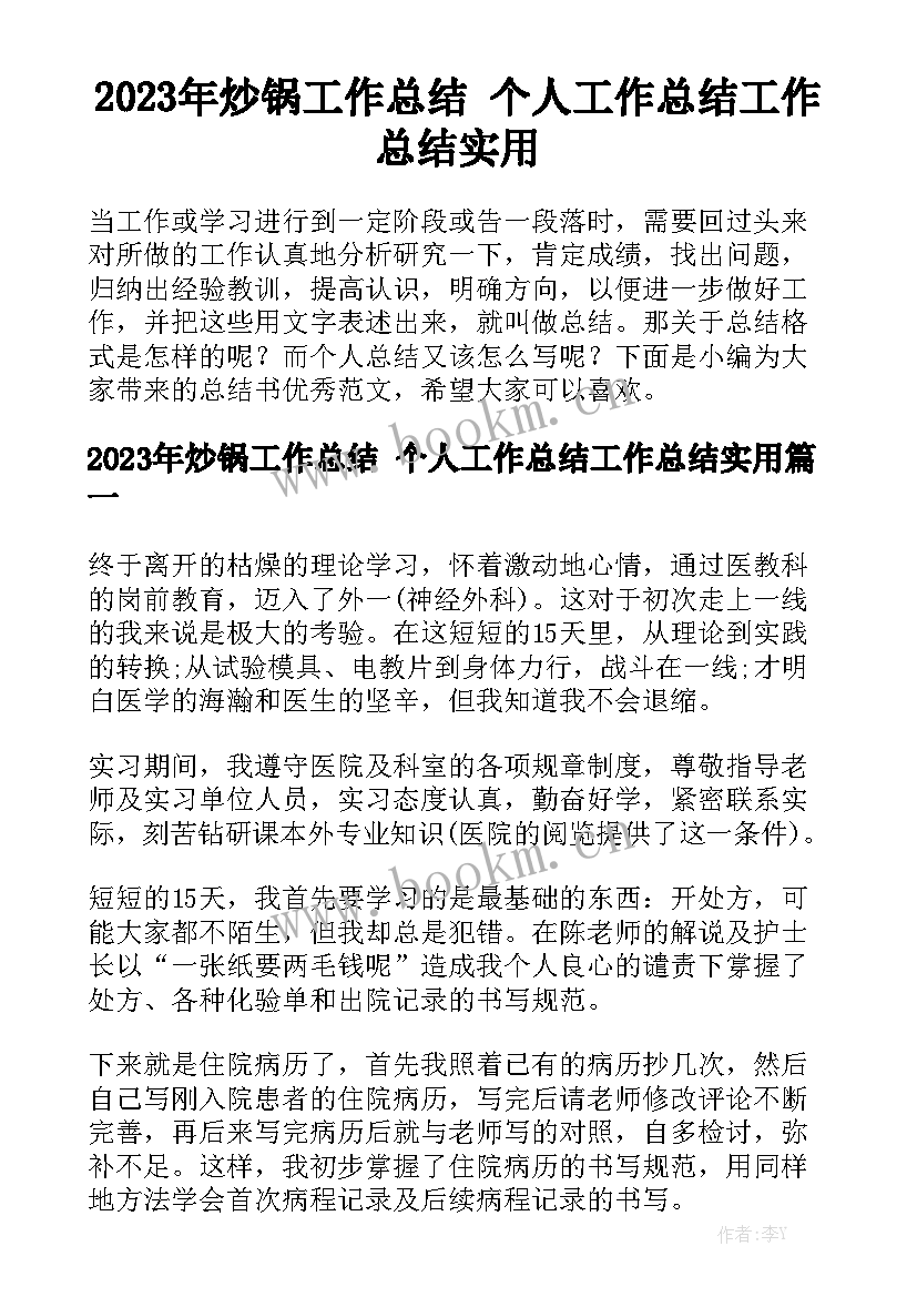 2023年炒锅工作总结 个人工作总结工作总结实用