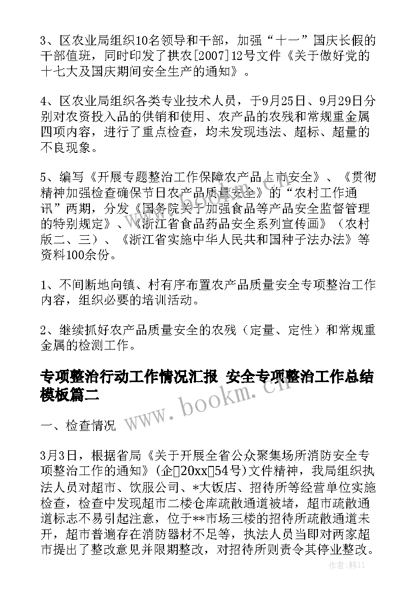 专项整治行动工作情况汇报 安全专项整治工作总结模板