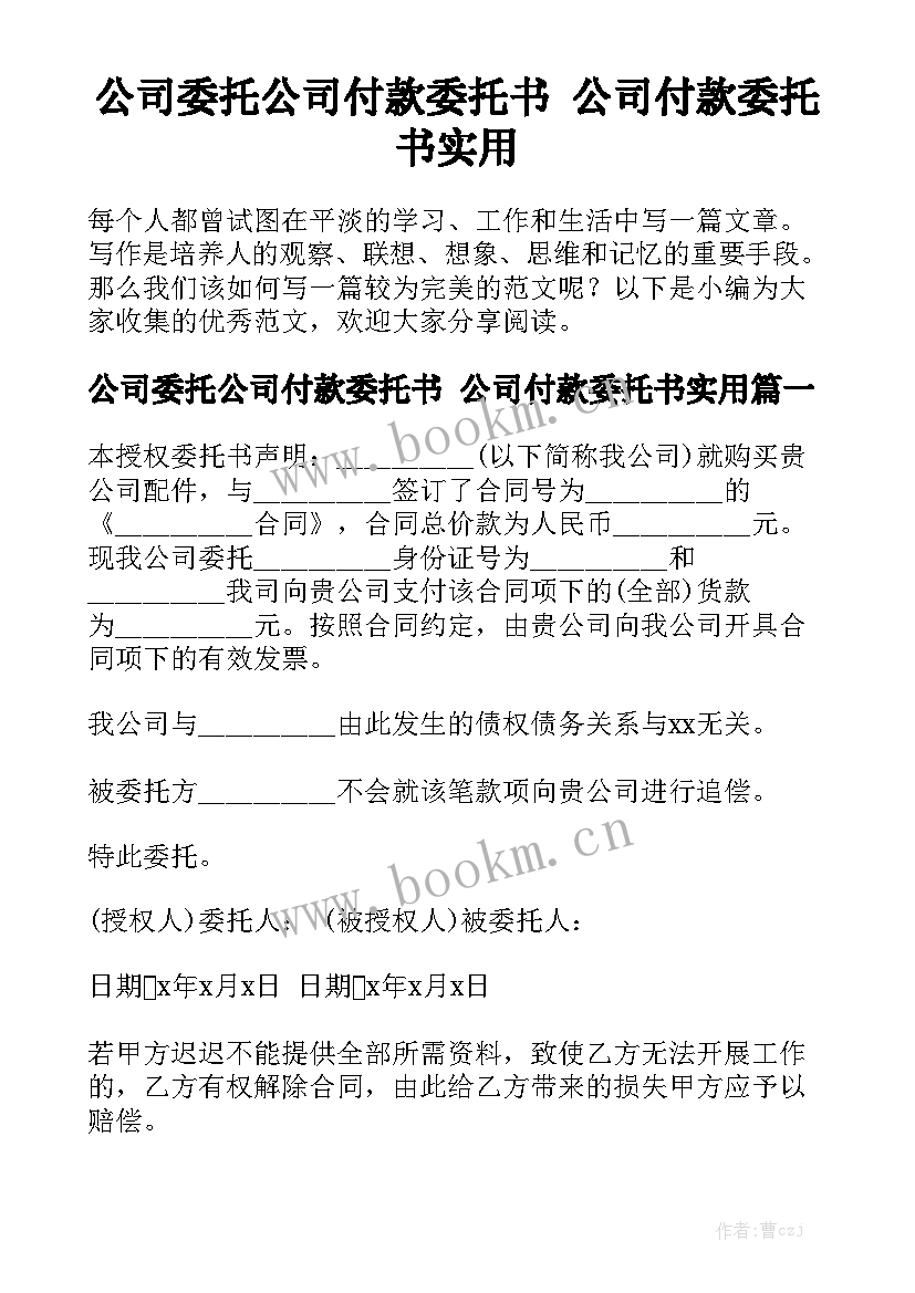 公司委托公司付款委托书 公司付款委托书实用