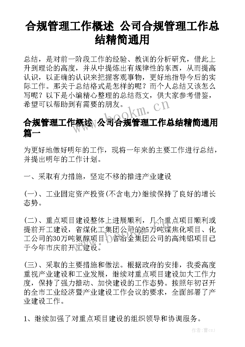 合规管理工作概述 公司合规管理工作总结精简通用