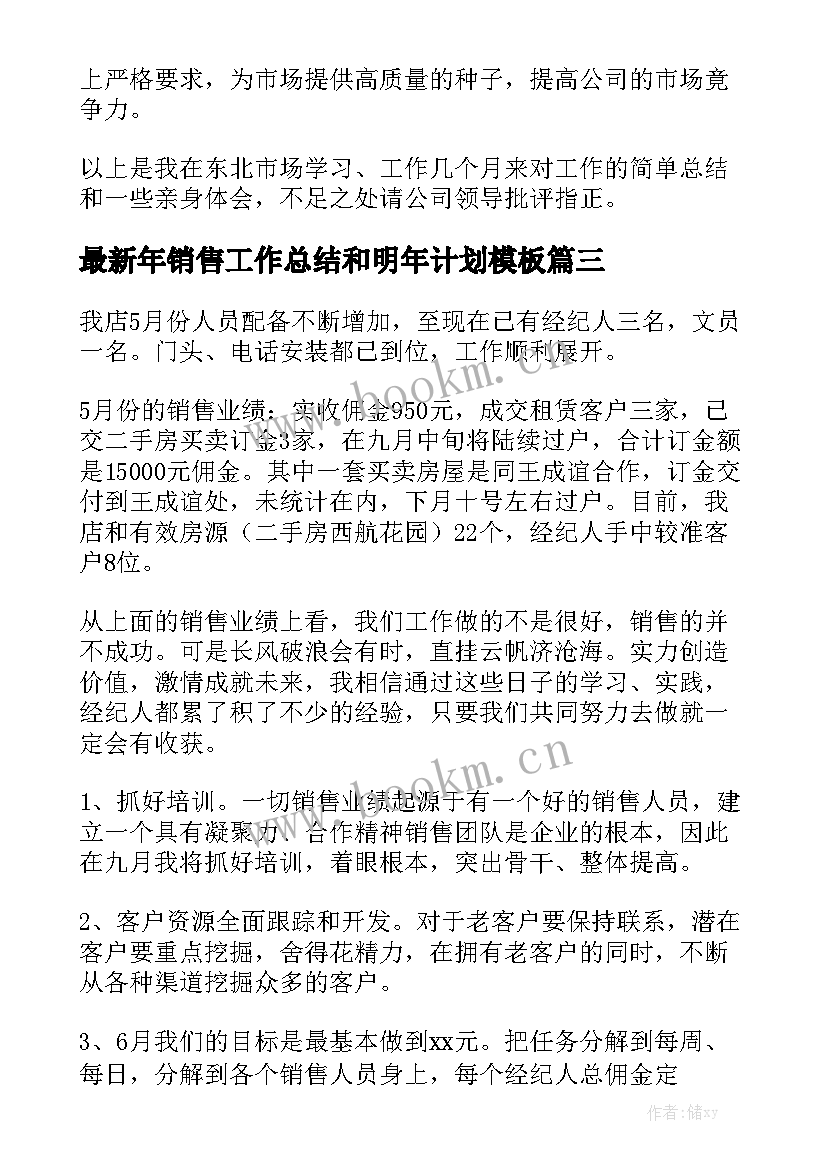 最新年销售工作总结和明年计划模板