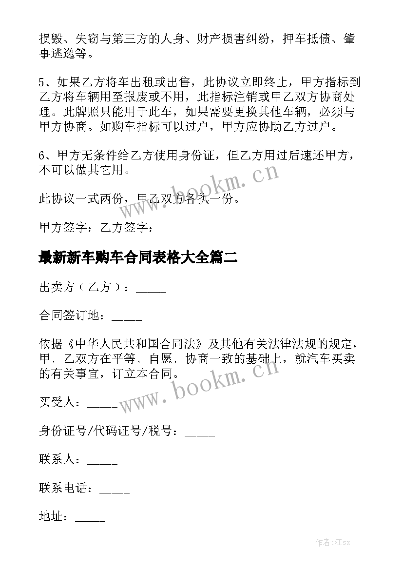 最新新车购车合同表格大全