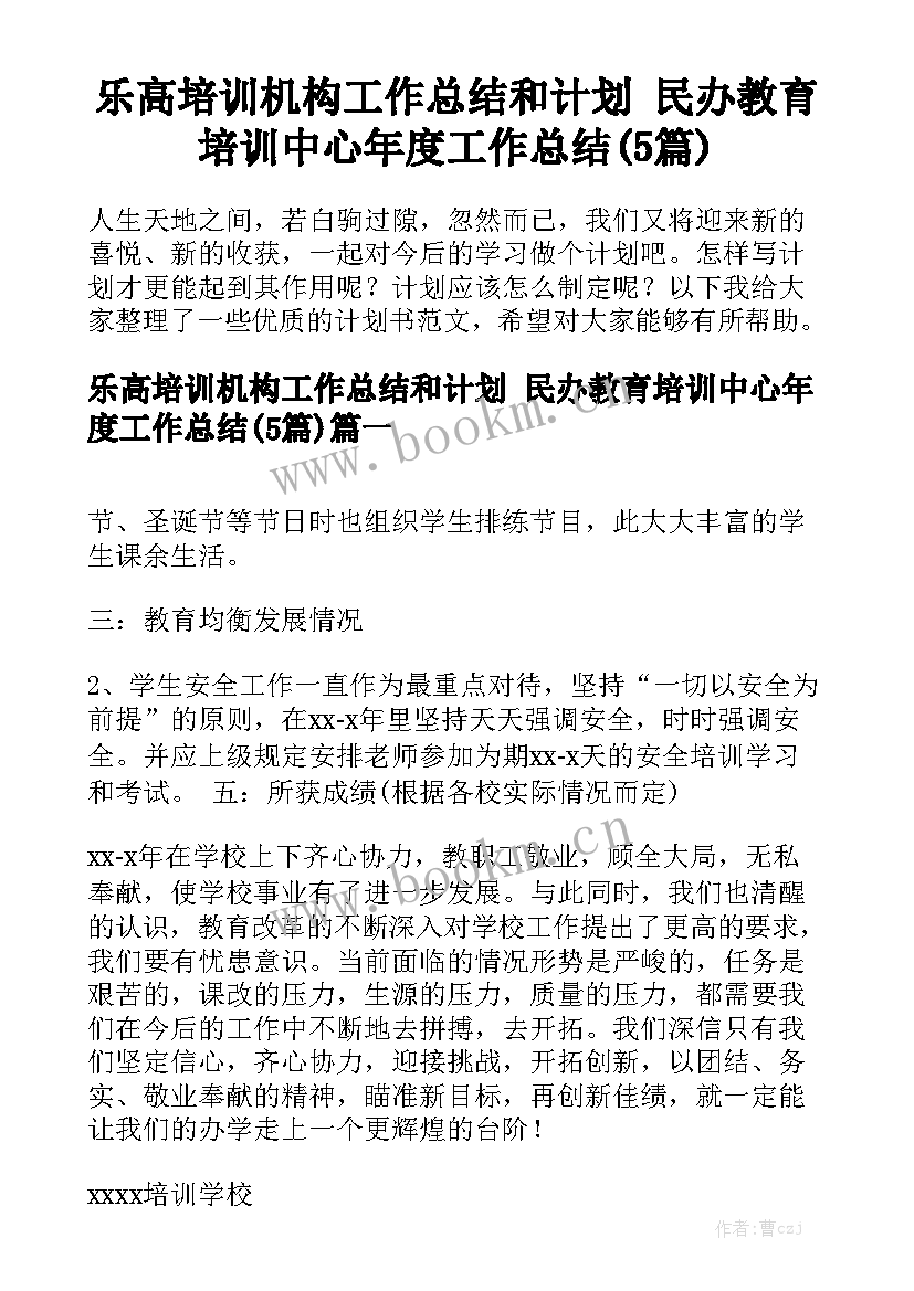 乐高培训机构工作总结和计划 民办教育培训中心年度工作总结(5篇)