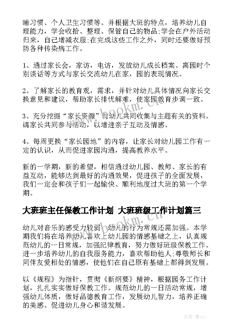 大班班主任保教工作计划 大班班级工作计划