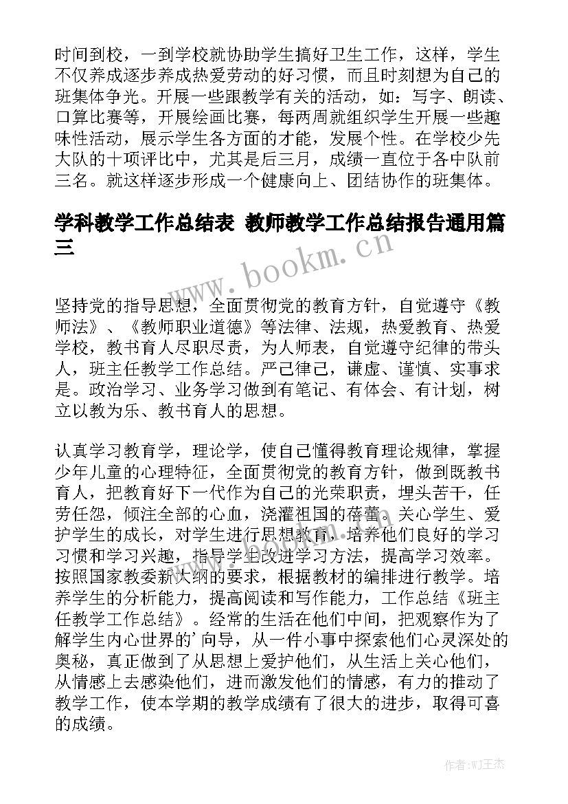 学科教学工作总结表 教师教学工作总结报告通用