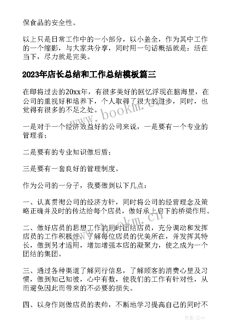 2023年店长总结和工作总结模板