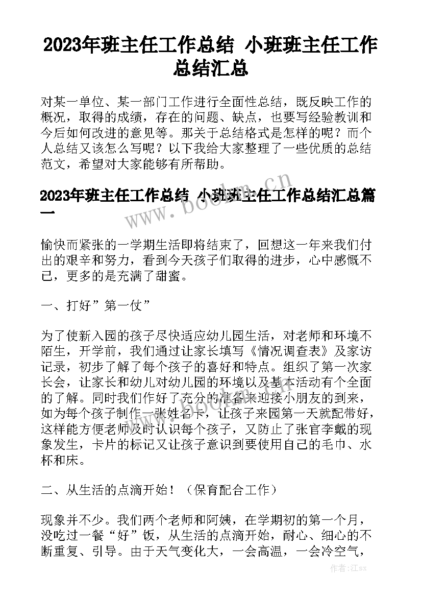 2023年班主任工作总结 小班班主任工作总结汇总