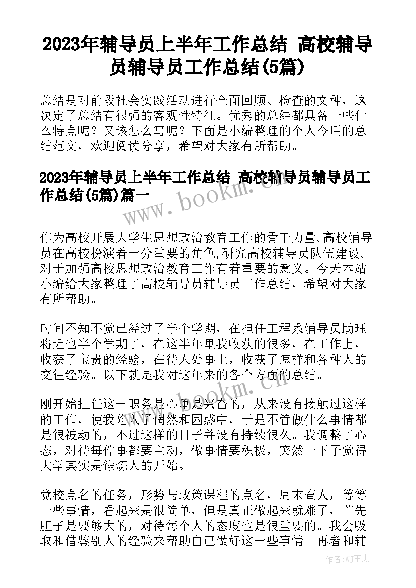 2023年辅导员上半年工作总结 高校辅导员辅导员工作总结(5篇)