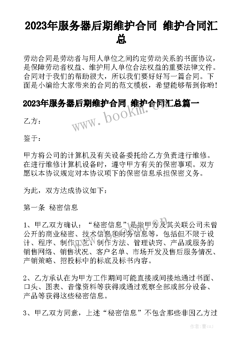 2023年服务器后期维护合同 维护合同汇总